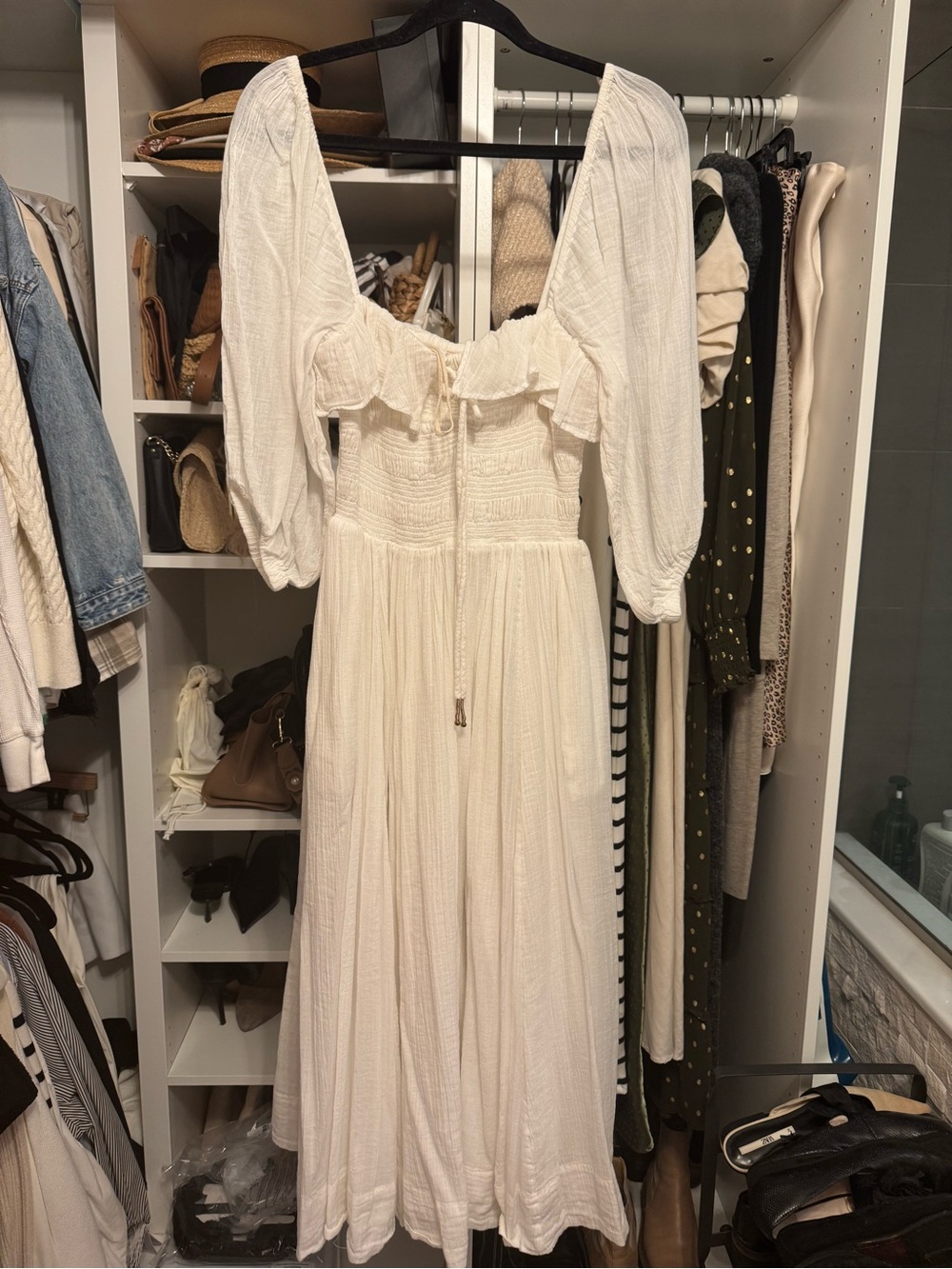 Free People Ivory Smocked Maxi Dress with Puff Sleeves